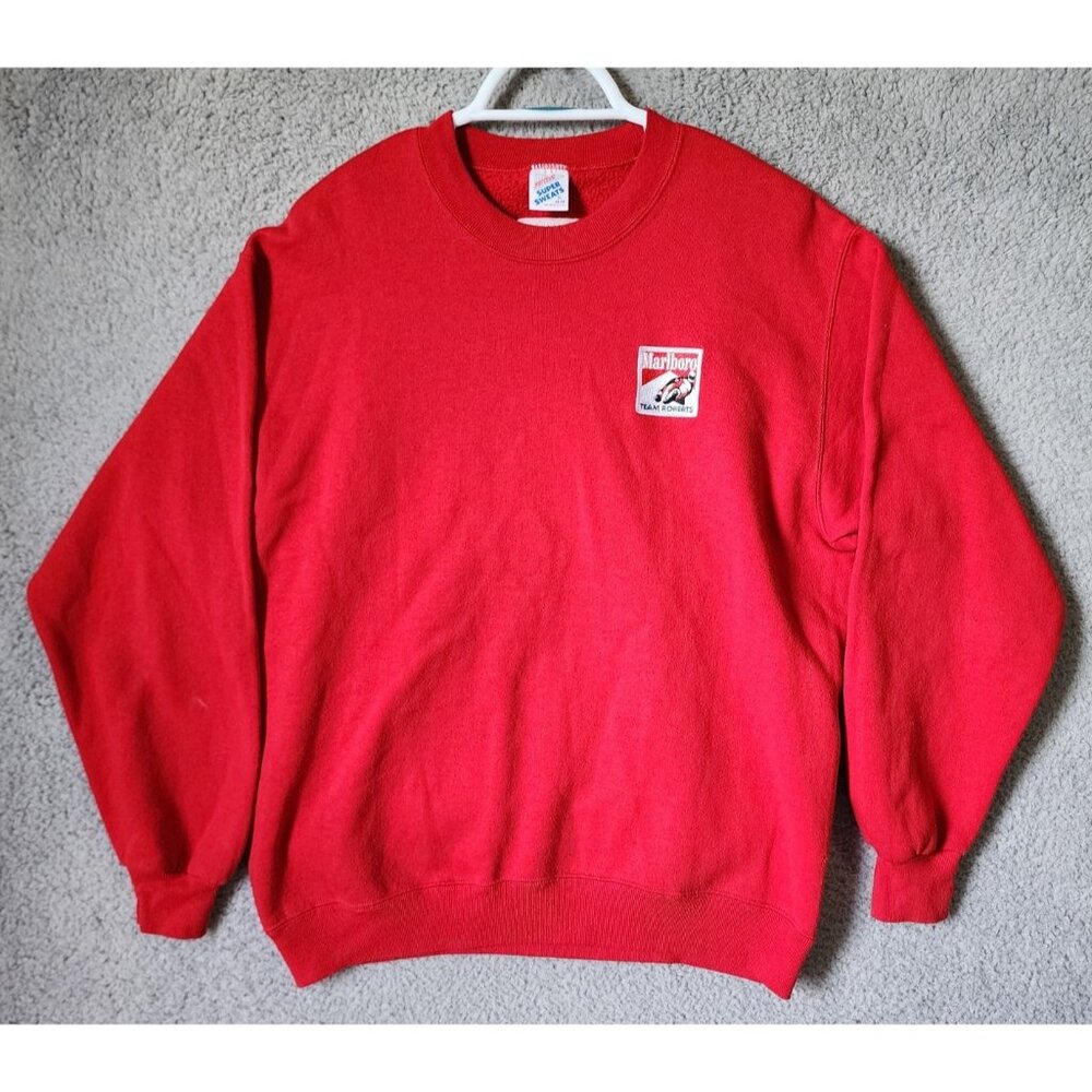 VTG 90's Size XL Marlboro Team Roberts Motorcycle Racing Red Sweatshirt USA Made